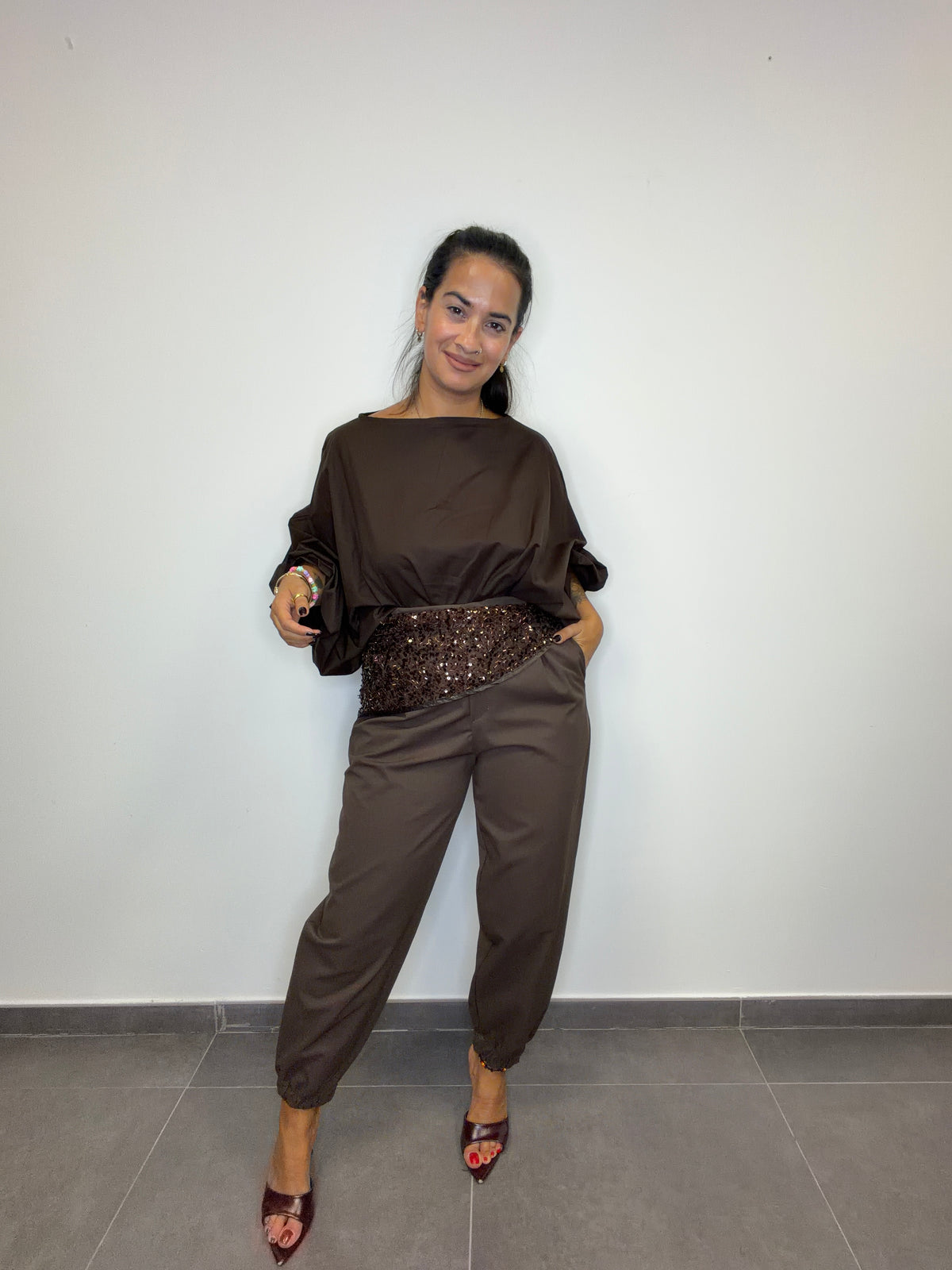 •PANTALÓN BOMBACHO TRAJE MARRÓN•